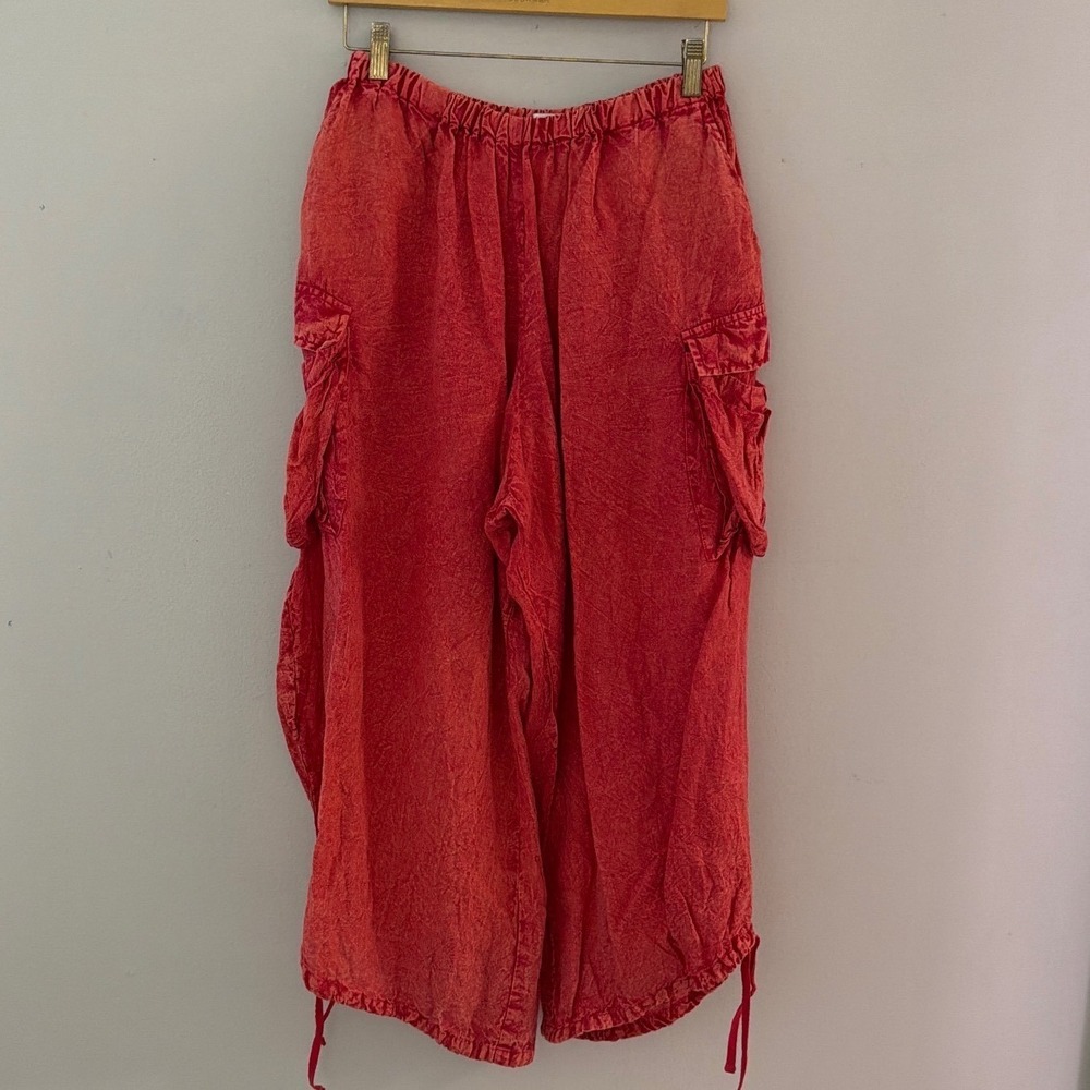 Krista Larson‎ Red 100% Linen Cargo Pants Lagenlook Wide Leg OSFM Adjustable Hem